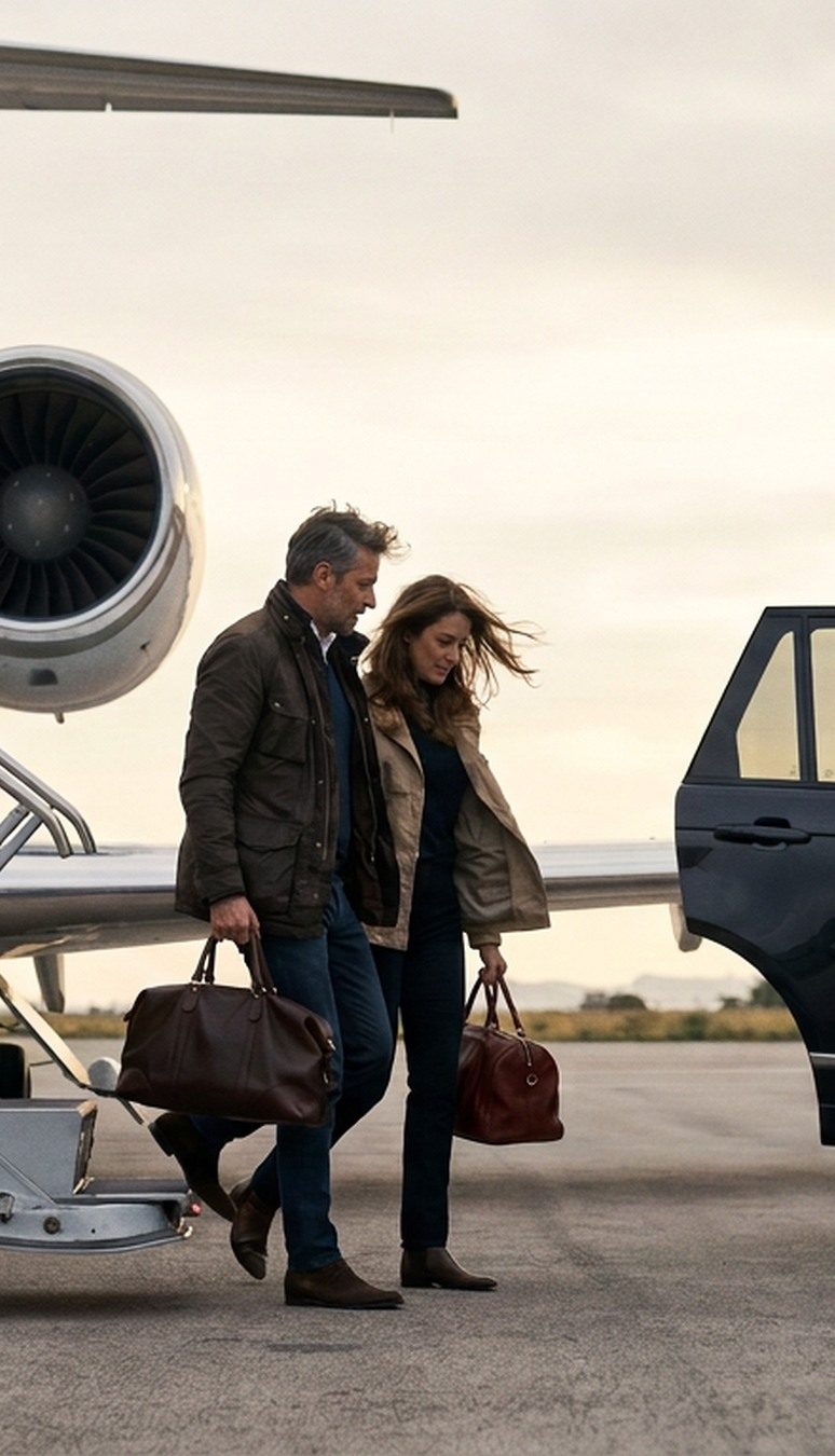 Members walking from a private aircraft to waiting ground transportation.